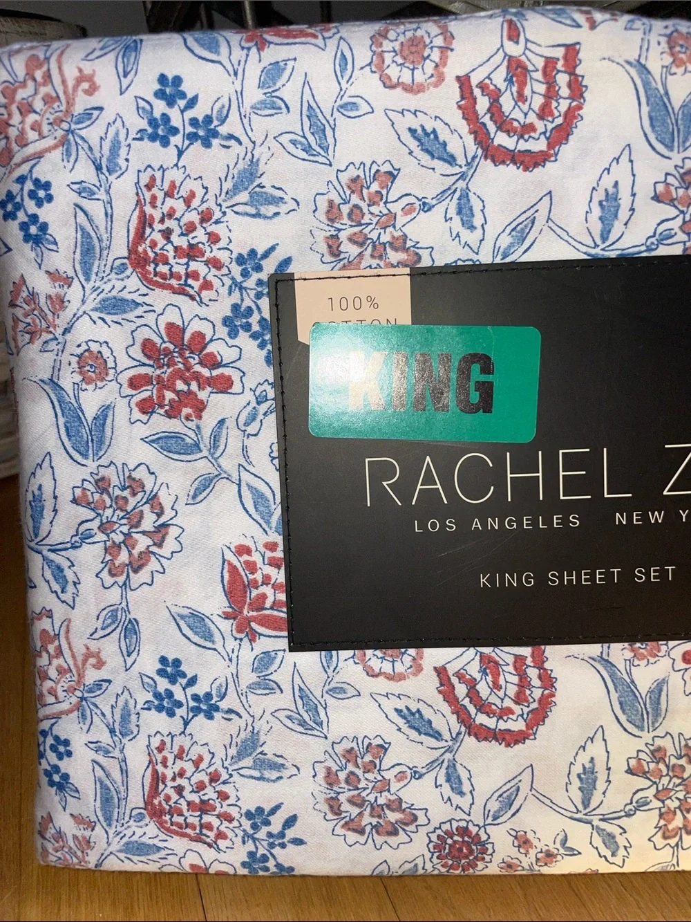 Rachel Zoe Floral King Sheet Set in Red and Blue floral on white background